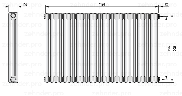 Схема (чертеж) Радиатор Zehnder Charleston 3150/26 №7610 Белый глянцевый RAL 9016